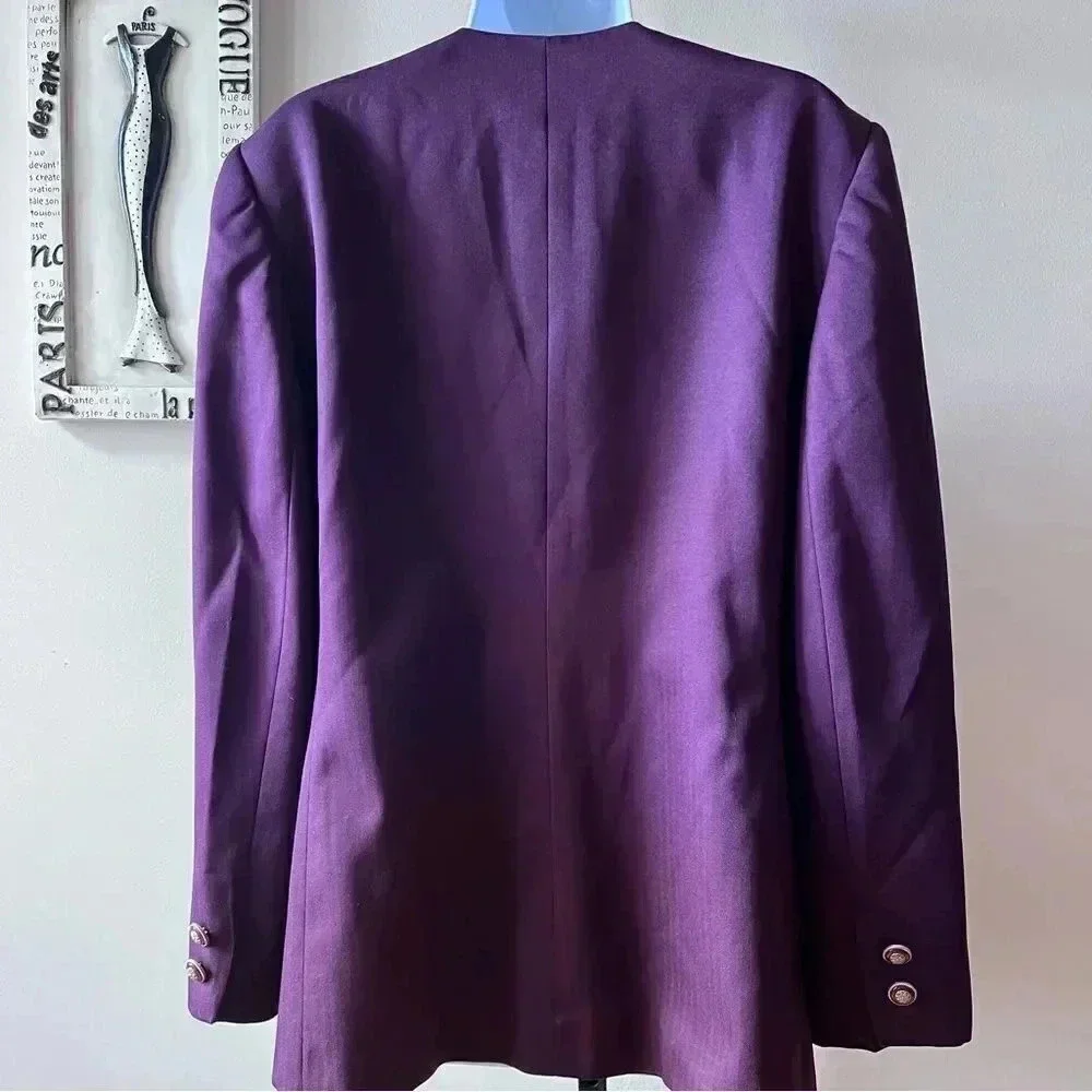 Vintage 90s Academia Gilmor Herringbone Collarless Purple Blazer Size 14 - Picture 6 of 9